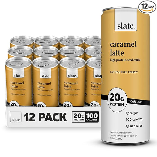 Slate Milk - High Protein Iced Coffee - Caramel Latte - 175mg Caffeine, Lactose Free Energy - 20g