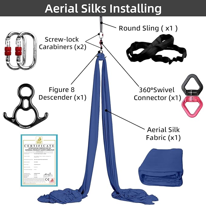 PRIOR FITNESS Aerial Silks Set, Professional Thicker Low Stretch Fabric 9/15/20 Yards Aerial Silk Swing Set with Hardware Guide, Yoga Starter Kit For Home, Aerial Yoga Hammock, Silks for Gymnastics, Antigravity Yoga, Inversion Exercise-All Levels