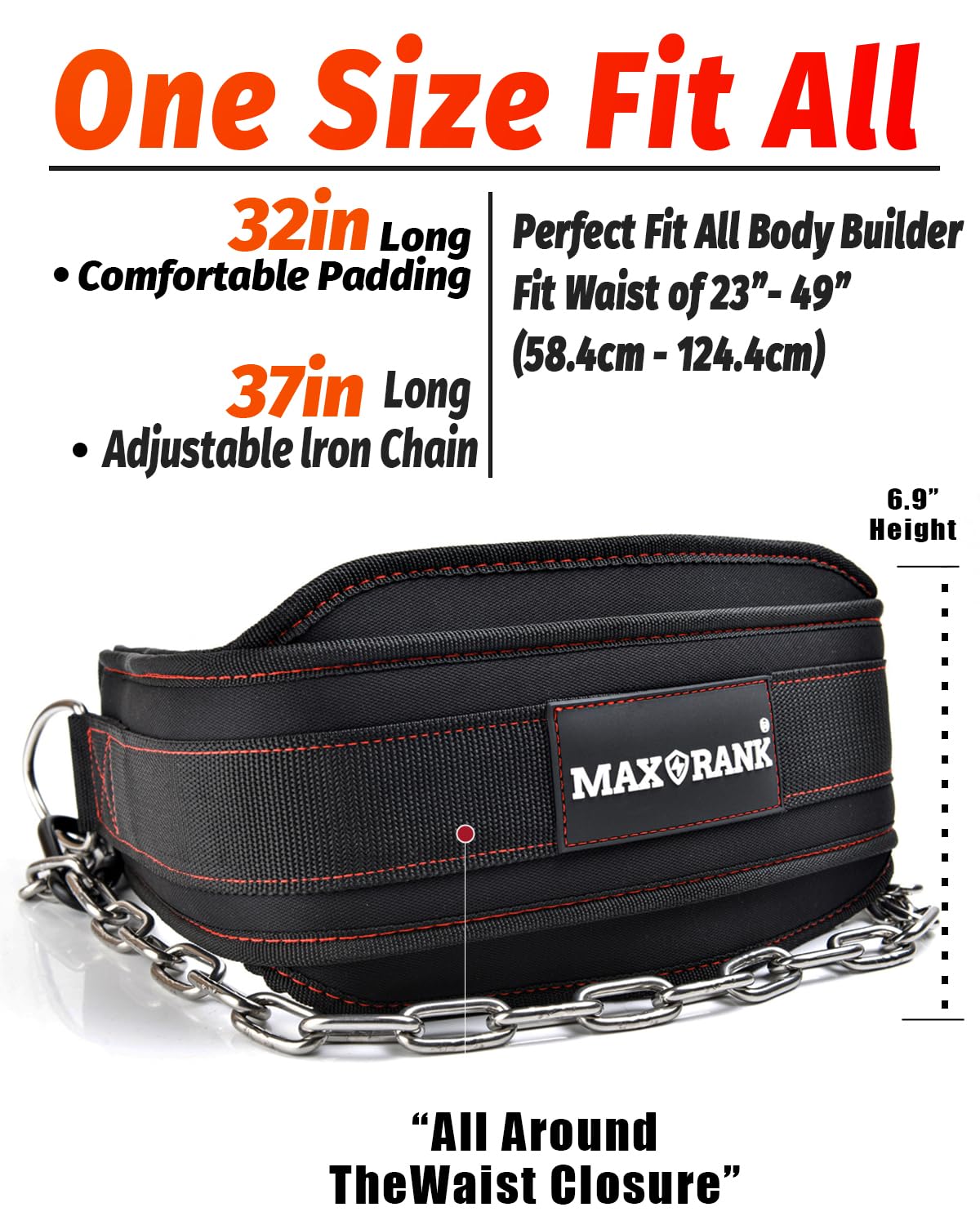 MAXRANK Dip Belt With 37" Chain for Weightlifting, 550LBS for Dips & Pullup