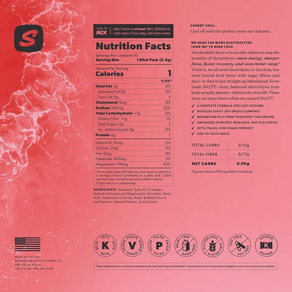 Keto Chow SALTT Electrolytes Powder Packets, Cherry Chill (30 Hydration Packets) - Magnesium, Potassium, Sodium, Trace Minerals - Vegan, Gluten Free, Sugar Free - Travel Essentials - Made in USA