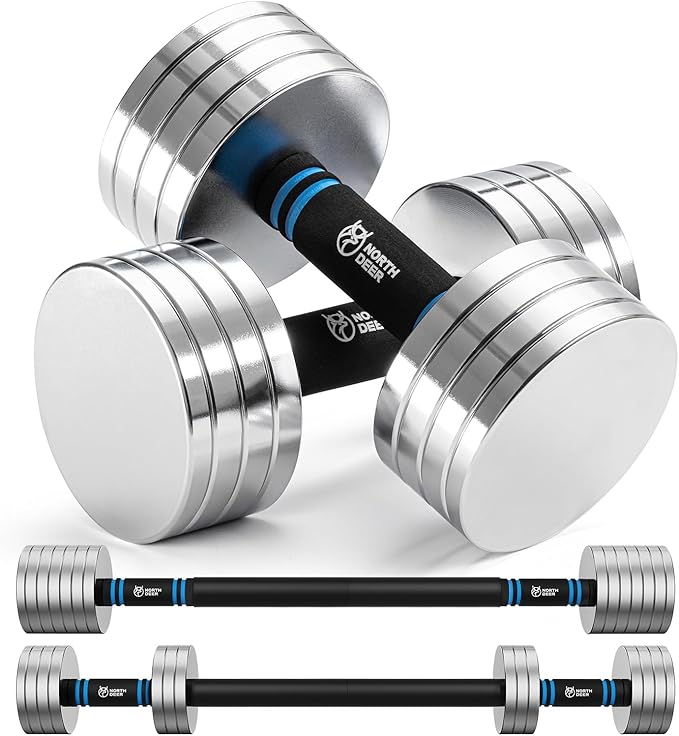 Northdeer V2.0 Upgraded Adjustable Steel Dumbbells 40LB / 60LB - 2 in 1 Dumbbell Barbell Set for Home Gym Workout - Compatible with V1.0 Dumbbells