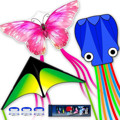 3 Piece Set Butterfly Delta and Octopus Kites for Boys and Girls, Beach Kites for Family Outdoor Games & Activities (Gradient Grassland Green+Octopus Blue+Pink Dreamy Butterfly, 3)