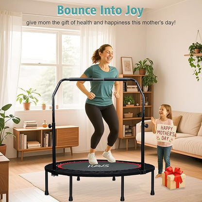 RAVS Mini Trampoline for Kids Adults 40"/48" Foldable Fitness Rebounder Kids Trampoline with 5 Levels Height Adjustable Handle Resistance Bands Indoor Workout