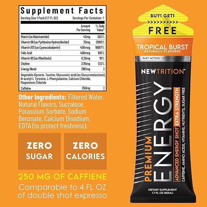 NewTrition® Extra Strength Energy Shots, 250mg Caffeine Energy Shots with Vitamin B & Amino Acids, Sugar-Free Vitamin Energy Shot, 1.7 fl oz (Pack of 6, Tropical Burst)