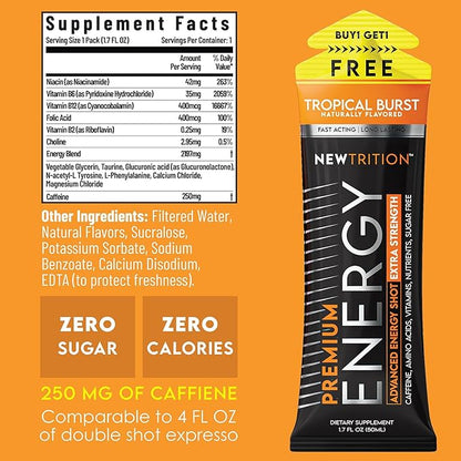 NewTrition® Extra Strength Energy Shots, 250mg Caffeine Energy Shots with Vitamin B & Amino Acids, Sugar-Free Vitamin Energy Shot, 1.7 fl oz (Pack of 6, Tropical Burst)