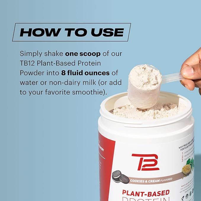 TB12 Plant Based Protein Powder by Tom Brady, 24g of Vegan Pea Protein, Low Sugar, Low Carb, Non-GMO, Meal Replacement, Keto Friendly, Paleo, Sugar Free, Cookies and Cream Flavor (30 Servings)