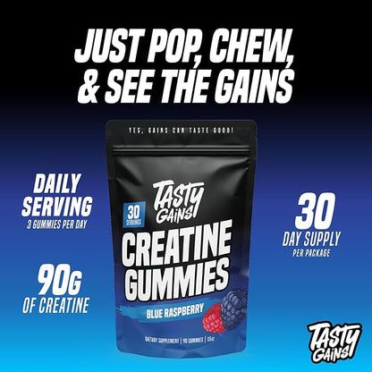 Creatine Gummies - 90g of Creatine Monohydrate - Workout Supplements - Build Muscle & Boost Strength for Men & Women - Made in USA - Non GMO - Vegan Friendly (Large, Blue Raspberry)