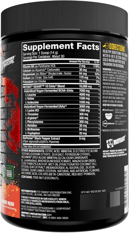 Mutant GEAAR - 9.4g of EAA Powder + Arginine, 7g BCAAs, 4g Leucine, Electrolytes, Coconut Water, 30 Servings (Orange Rush)
