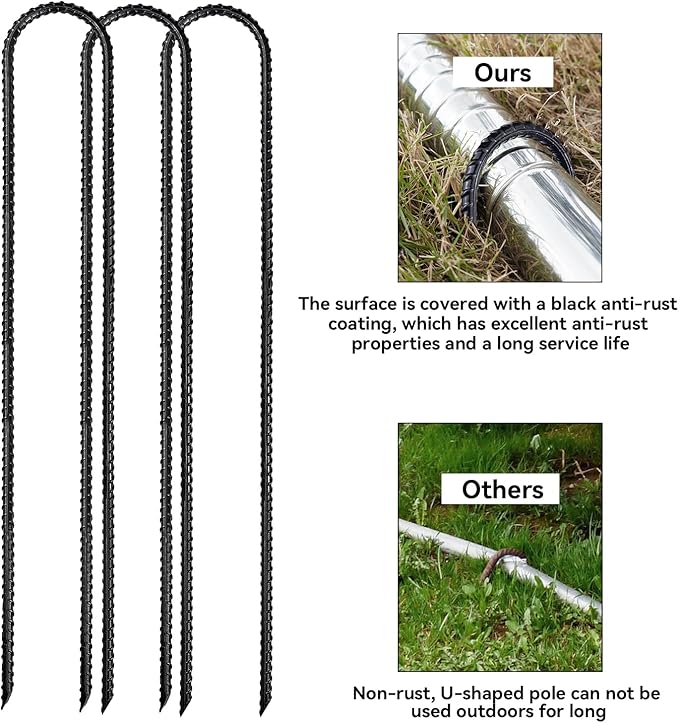 Trampoline Ground Anchors 24-Inch Heavy Duty U Rebar Stakes for Trampoline, Dog Fence, Black Antirust Coated (8 Pcs)