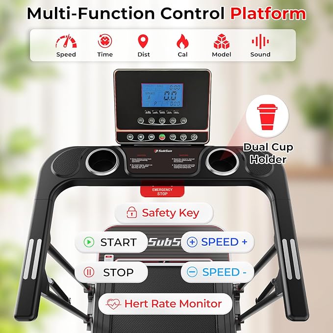 SHAREWIN Portable Folding Treadmill Foldable Electric Exercise Treadmills for Home with Pulse Sensors,260 lb Capacity,7.5MPH,Low Noise with LCD and Bluetooth Speakers
