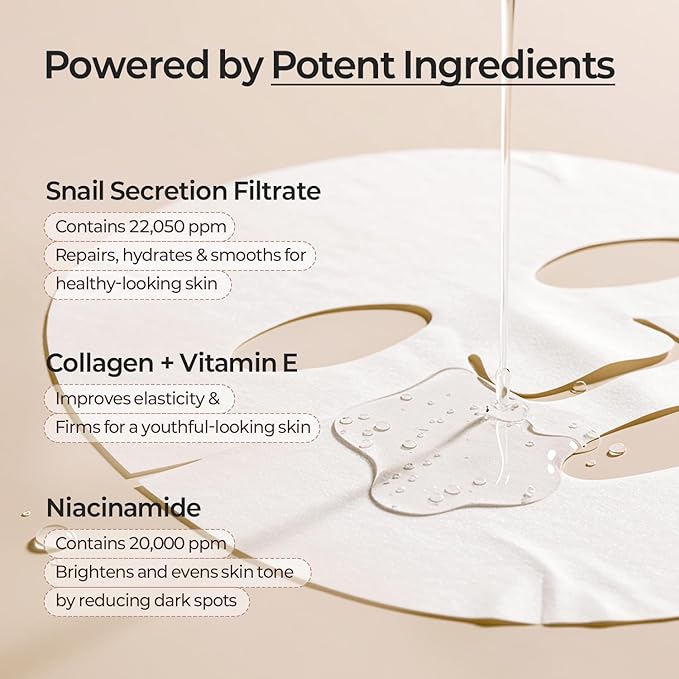MOTHER MADE Glowing Glass Skin Hydrating Snail Deep Collagen Face Masks 10 EA, with Niacinamide 2%, Vitamin E, Facial Masks for Dry, Sensitive Skin, Kbeauty Essentials, Self Care, Korean Skincare