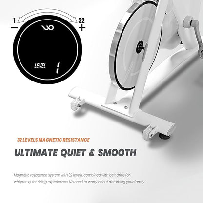 WONDER CORE Indoor Cycling Exercise Bike, WONDERCISE Bike - 13.2LB Flywheel, 32-Level Resistance, Silent Belt Drive, Bluetooth Connectivity, Tablet Holder, Adjustable Seat/Handlebars (White)