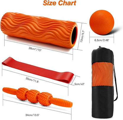 5 in 1 Foam Roller Set - Trigger Point Foam Back Roller, Muscle Roller Stick, Massage Ball, Stretching Band for Deep Muscle Massage Pilates Yoga,Fitness Exercise for Whole Body Release (Orange)