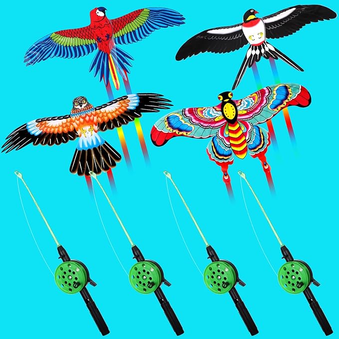 4Pcs Large Fishing Rod Kite for Kid Adults 23.62 Inch Vivid Swallow Parrot Phoenix Butterfly Kite Bulk, Easy to Fly, Kites for Adults Family in Spring Outdoor Beach Team Building
