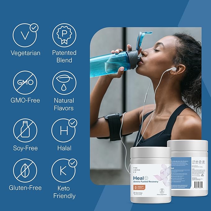 The Amino Co. - Heal - Post Workout Recovery Drink with Pure Eaa Amino Acid Formula - Creatine Monohydrate Powder for Efficient Muscle Repair, Vegan, and Keto-Friendly with Chocolate Flavor - 13.23oz.