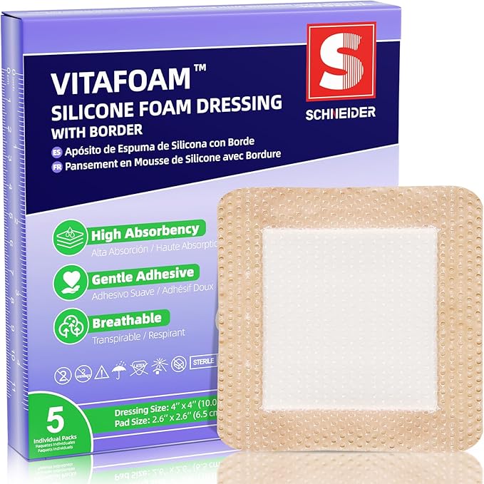 Silicone Foam Dressing 4" x 4" with Border, High Absorbency Wound Bandage, Gentle Adhesion, Soft Breathable Silicone Bandages for Wound Care, Pack of 5