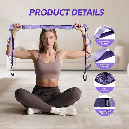 Stretching Strap with Loops - Non Elastic Yoga Straps for Physical Therapy, Durable Stretch Bands for Exercise, Flexibility Training, Hamstring & Leg Stretcher, Yoga/Pilates/Gymnastics