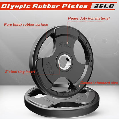 RitFit Olympic Rubber Grip Plates for Barbell, 2-Inch Weight Plates for Weightlifting and Strength Training in Home & Gym, Single, Pair and Sets(2.5/5/10/25/35/45 LB)