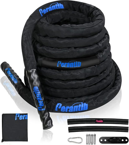 Perantlb Battle Rope With Wear-Resistant Nylon Protective Sleeve - Heavy Battle Rope for Strength Training, Home Fitness Exercise - Anchor Strap Kit Included