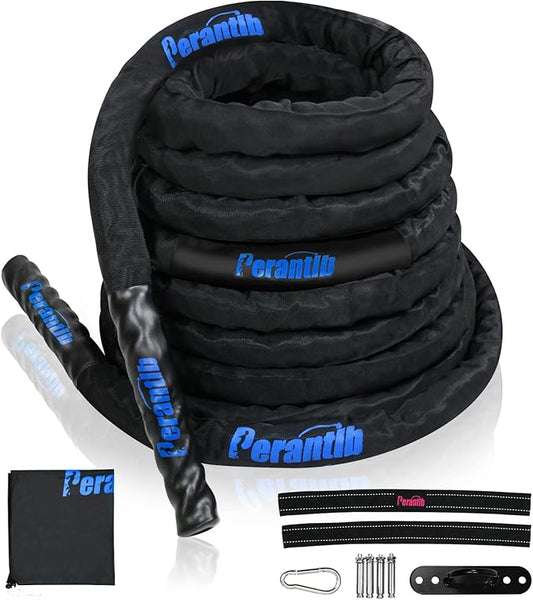 Perantlb Battle Rope With Wear-Resistant Nylon Protective Sleeve - Heavy Battle Rope for Strength Training, Home Fitness Exercise - Anchor Strap Kit Included