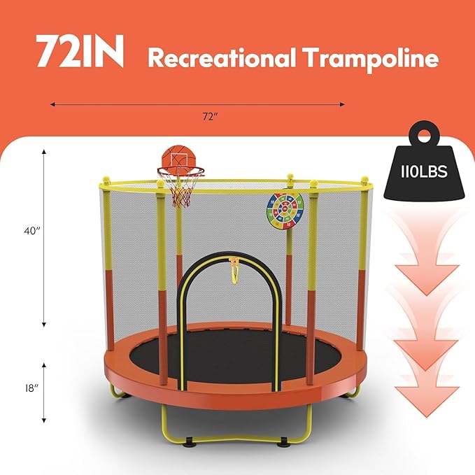 72" Trampoline for Kids with Net,6 FT Indoor & Outdoor Small Toddler Trampoline with Basketball Hoop & Dart Board for Ages 1-8, Birthday Gifts for Boys & Girls, Baby Toddler Christmas Toys