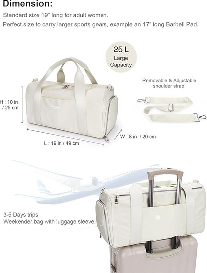 Gym Bag for Women and Men with Shoe Compartment & Wet Pocket - Duffle Bag for Travel Sports Fitness Workout Athletic, 19"-Medium, Beige
