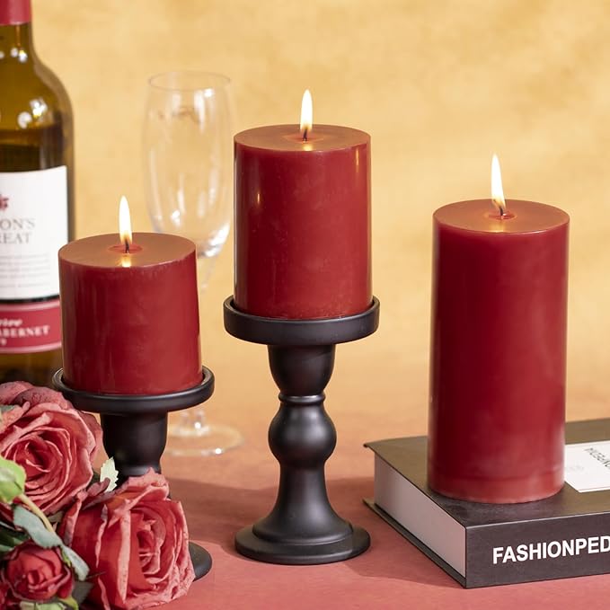 KONNI Dark Red Pillar Candles Set of 3, 3"x 4" Unscented Pillar Candles Bulk, 39 Hours Long Burning Candles, Smokeless&Dripless Large Round Candle for Wedding, Home Decoration, Parties, Spas, Dinner
