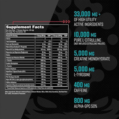 Gorilla Mind Pre Workout - Massive Pumps Laser Focus Energy Power - L-Citrulline, Creatine, L-Tyrosine, Betaine, Hydroprime, Alpha-GPC, 400mg Caffeine, Huperzine A 800g (BlackBerry Lemonade)