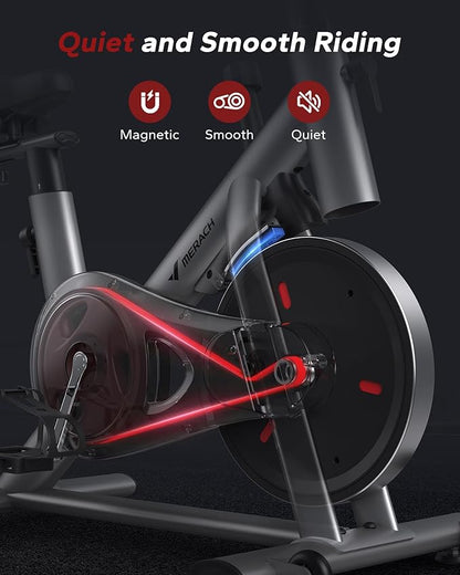 MERACH Exercise Bike, Brake Pad Stationary Bike with Exclusive App, Low Noise Indoor Cycling Bike with 300lbs Weight Capacity, Tablet Mount and Fitness Courses for Weight Loss