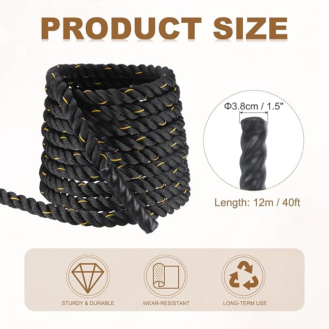 MECCANIXITY Battle Rope 40ft x 1.5 Inch Polyester Workout Rope Heavy Fitness Exercise Rope for Strength Training Home Gym Muscle Building, Black Yellow