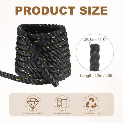MECCANIXITY Battle Rope 40ft x 1.5 Inch Polyester Workout Rope Heavy Fitness Exercise Rope for Strength Training Home Gym Muscle Building, Black Yellow
