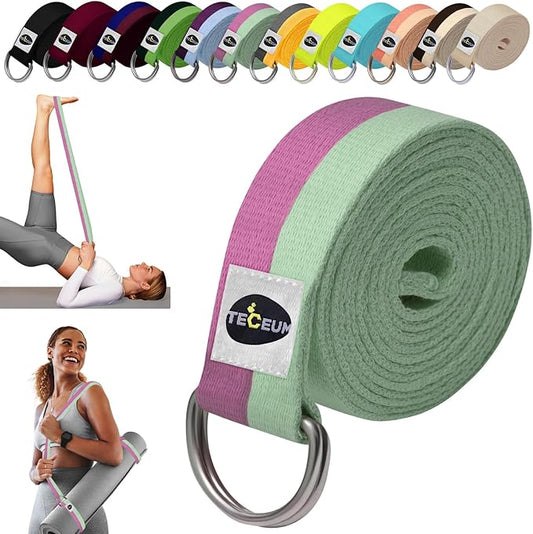 TECEUM Yoga Strap & Mat Strap – 2 IN 1 – Cotton – 6 ft 8 ft 10 ft (30+ colors) – Adjustable Non-Slip Belt for Yoga, Pilates, Stretching, Physical Therapy, Fitness & Home Workout – For Carrying Mats