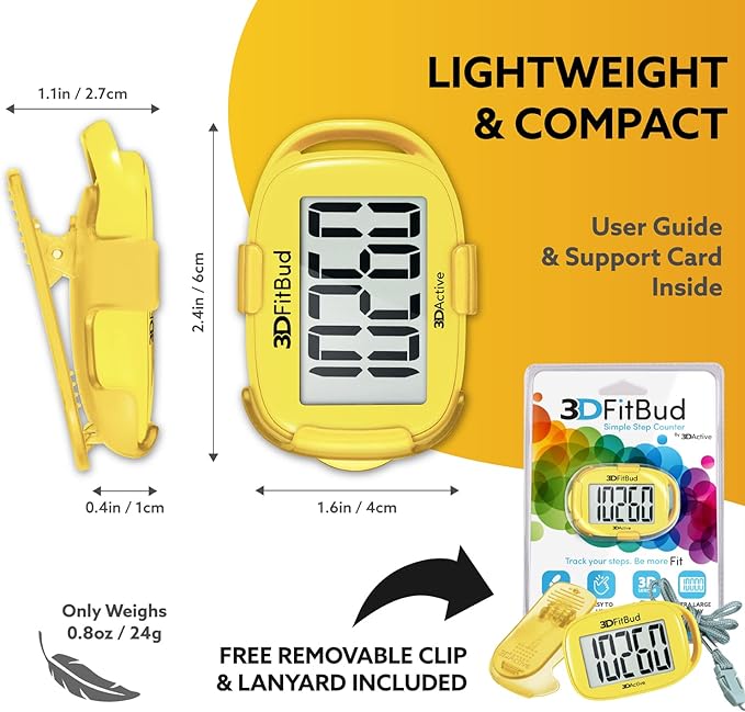 3DFitBud Simple Step Counter Walking 3D Pedometer from 3DActive with Clip & Lanyard - A420S
