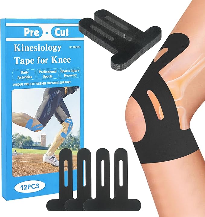 12PCS Precut Kinesiology Tape for Knees | Athletic Tape | Original Cotton & Elastic Kinesiology Athletic Tape – Knee Support & Stability & Pain Relief | Latex-Free | Breathable & Waterproof (Black)