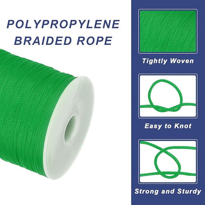 MECCANIXITY 1/16 Inch Polypropylene Rope Braided Ropes, 328ft Nylon Rope Hollow Utility Cord for Clothesline, Camping, Hiking, Outdoor, Green