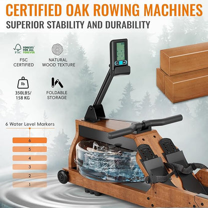 Water Rowing Machine for Home Use, WENOKER Wooden Foldable Rower Machine with Adjustable Monitor & Bluetooth APP, Large Water Tank & Comfortable Seat for Immersive Water Rower, 350LBS Weight Capacity