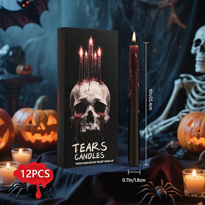12 Pack Halloween Bleeding Candles, Black Vampire Tears Taper Candles Spooky Blood Drip Candles Set for Halloween Party Gothic Home Vampire Theme Rituals Decoration