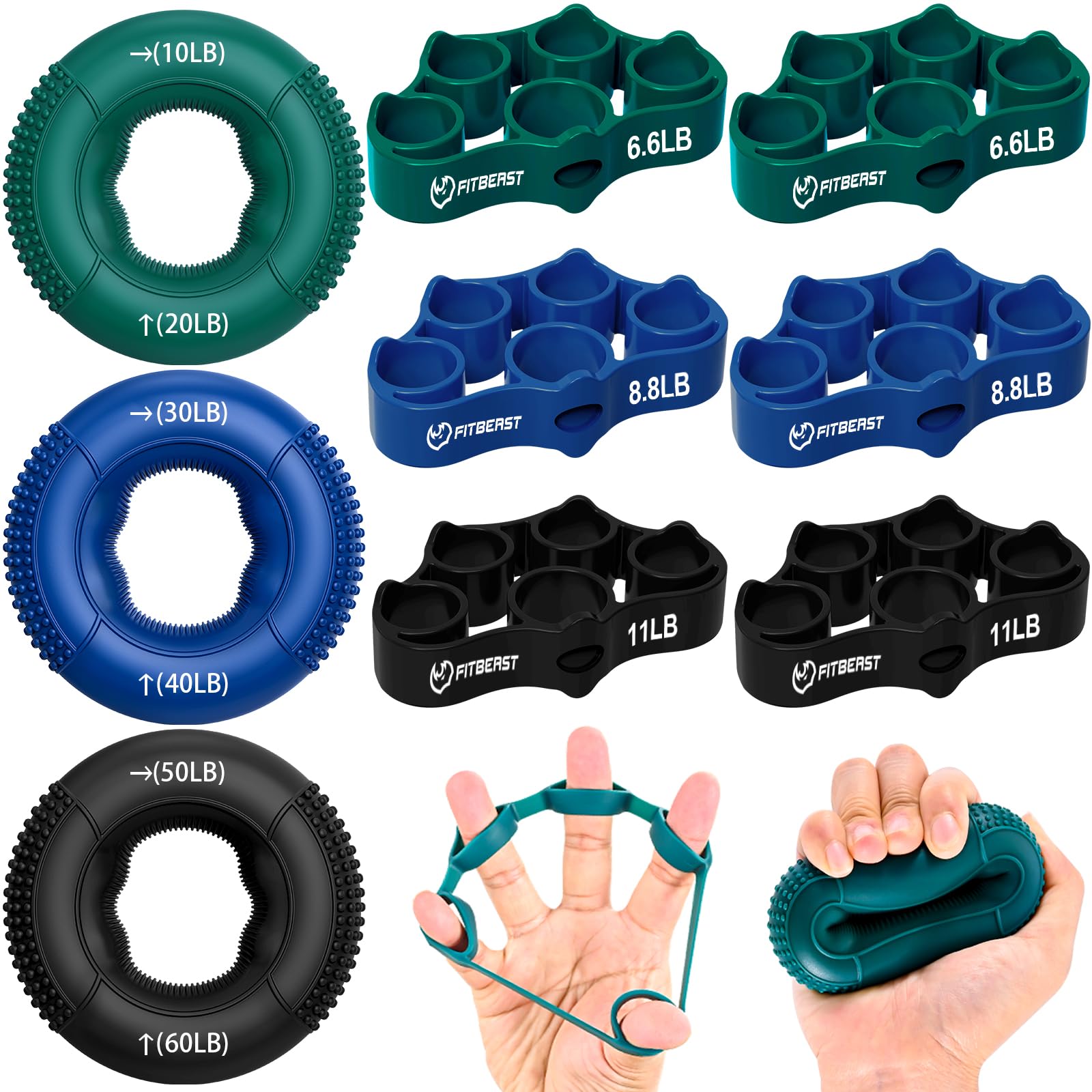 FitBeast Hand Grip Strengthener, Finger Exerciser, Forearm Strengthener Kit - 9 Pack, Targeted Hand
