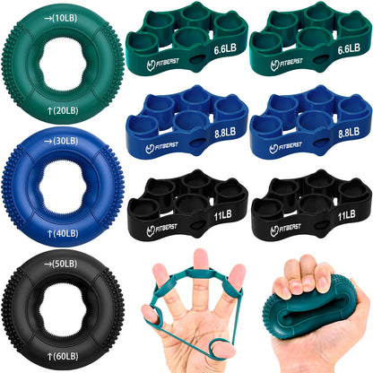 FitBeast Hand Grip Strengthener, Finger Exerciser, Forearm Strengthener Kit - 9 Pack, Targeted Hand