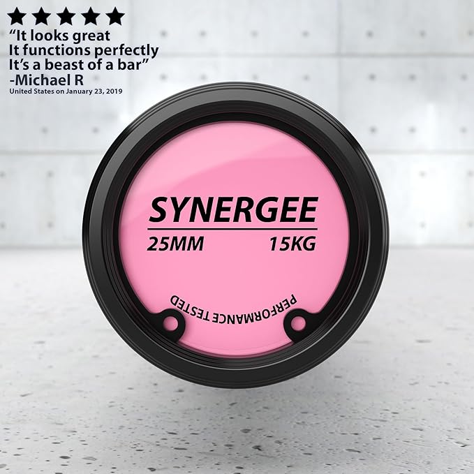 Synergee Games 15kg and 20kg Colored Ceramic Coated Barbells. Rated 1500lbs for Weightlifting and Powerlifting. Black, Red, Grey, Pink