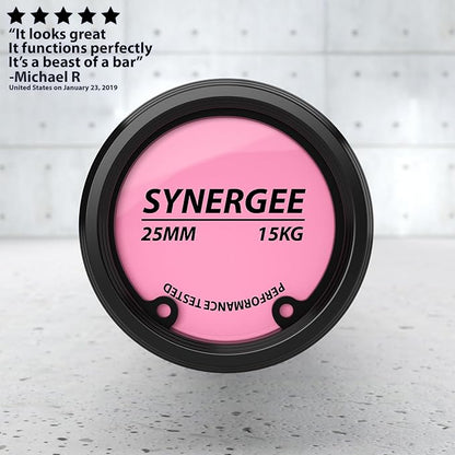 Synergee Games 15kg and 20kg Colored Ceramic Coated Barbells. Rated 1500lbs for Weightlifting and Powerlifting. Black, Red, Grey, Pink