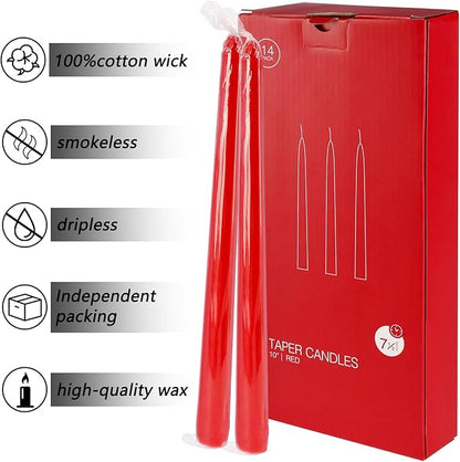 24 Pack Red Taper Candles, 7-8 Hours Burn Time, Unscented, Smokeless and Dripless, 0.75 x 10 Inch Dinner Candle Set for Christmas,Household, Wedding, Party and Home Décor Candlesticks