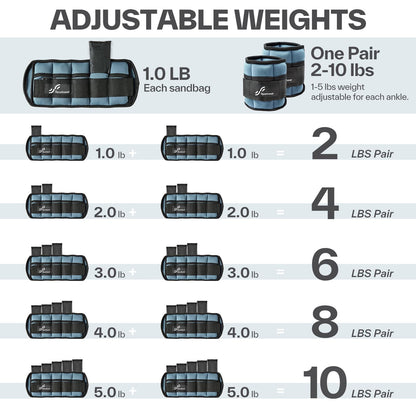 Sportneer Adjustable Ankle Weights 1 Pair 2 4 6 8 10 Lbs Leg Weight Straps for Women Men, Weighted