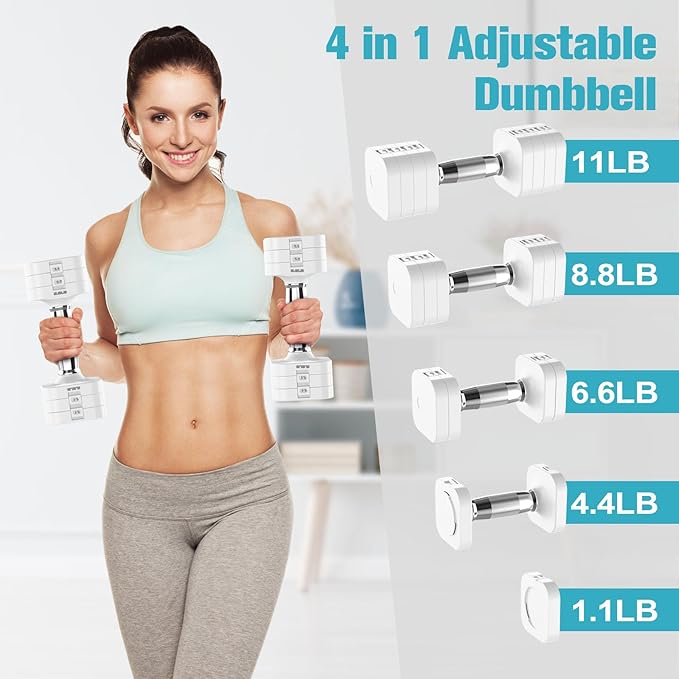 22LBS Adjustable Dumbbells Set, Adjustable Weight Dumbbells with 4 Levels 4.4lb, 6.6lb, 8.8lb, 11lb, Hand Weights Sets for Women/Men Home Gym Full Body Workout