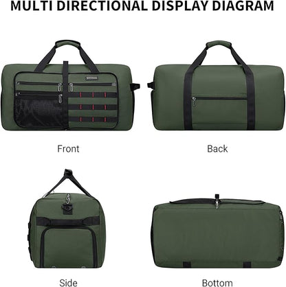 WITZMAN Foldable Duffle Bag for Travel 65L Lightweight Packable Duffel Bag with Shoes Compartment Overnight Bag for Men Women (B697 Army Green）