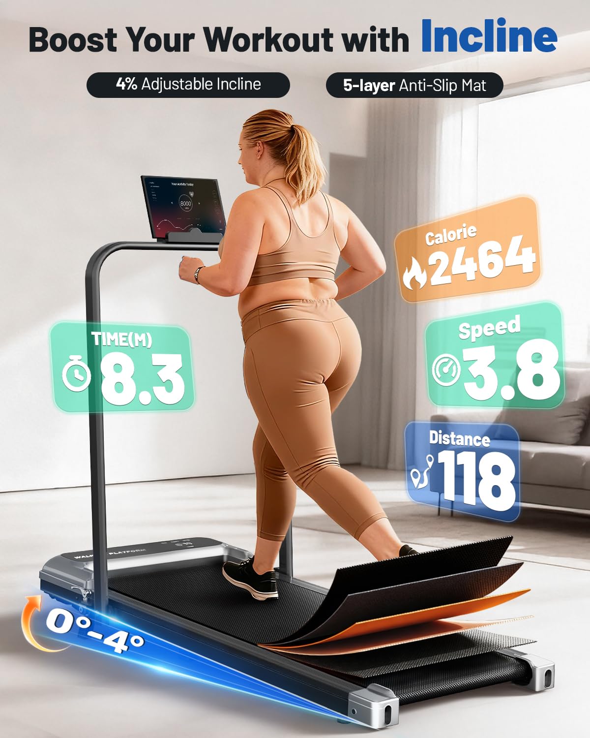 Walking Pad Treadmill for Home, Walking Pad with Incline and Handle Bar