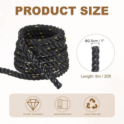 MECCANIXITY Battle Rope 20ft x 1 Inch Polyester Workout Rope Heavy Fitness Exercise Rope for Strength Training Home Gym Muscle Building, Black Yellow