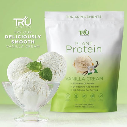 TRU Supplements Plant Based Protein Powder, BCAA, EAA, 20g Vegan Brown Rice & Pea Protein, 100 Calories, 27 Vitamins, No Artificial Flavors 25 Servings (Vanilla)