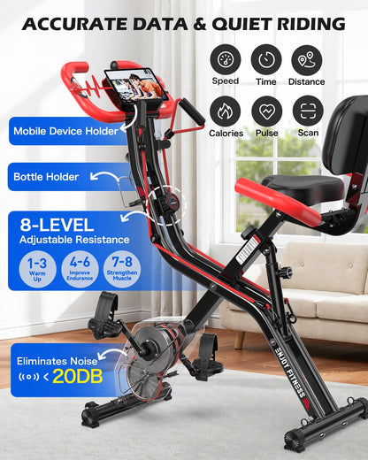 pooboo 4-in-1 Magnetic Folding Exercise Bike, Foldable Stationary Indoor Cycling Bike with 8-Level