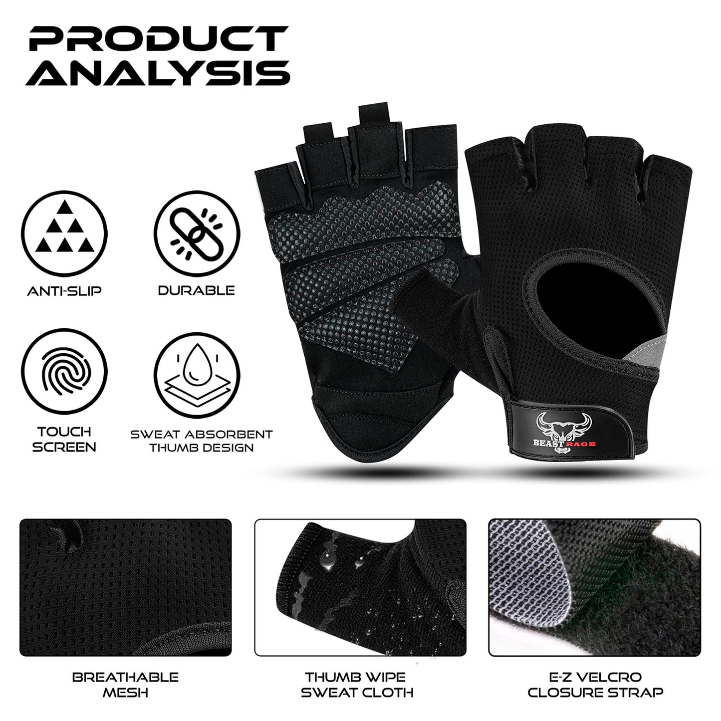 BEAST RAGE Workout Gloves for Men and Women, Fingerless Weight Lifting Gloves with Palm Protection